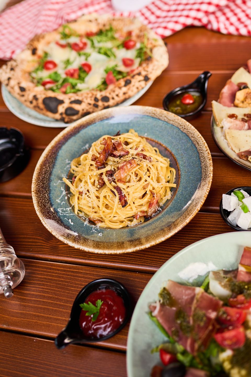 Pasta carbonara in a handmade bowl